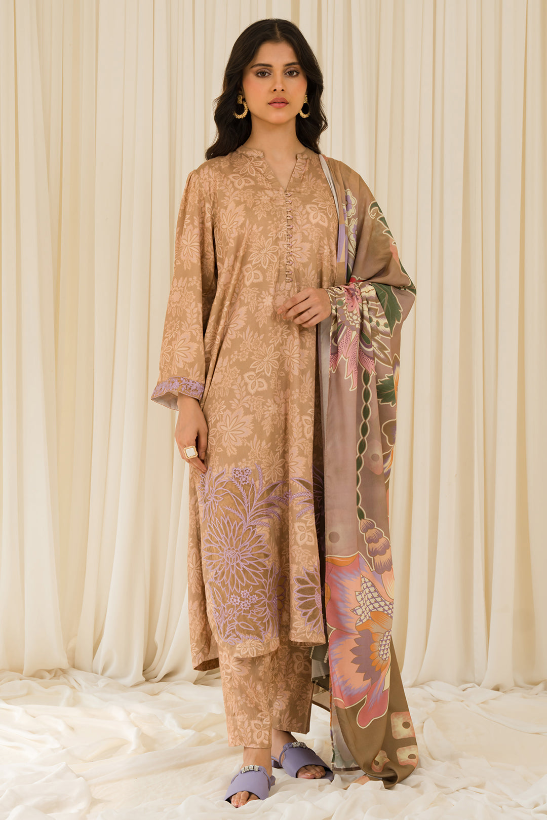 3 Piece - Embroidered Digital Printed Linen Suit U0925
