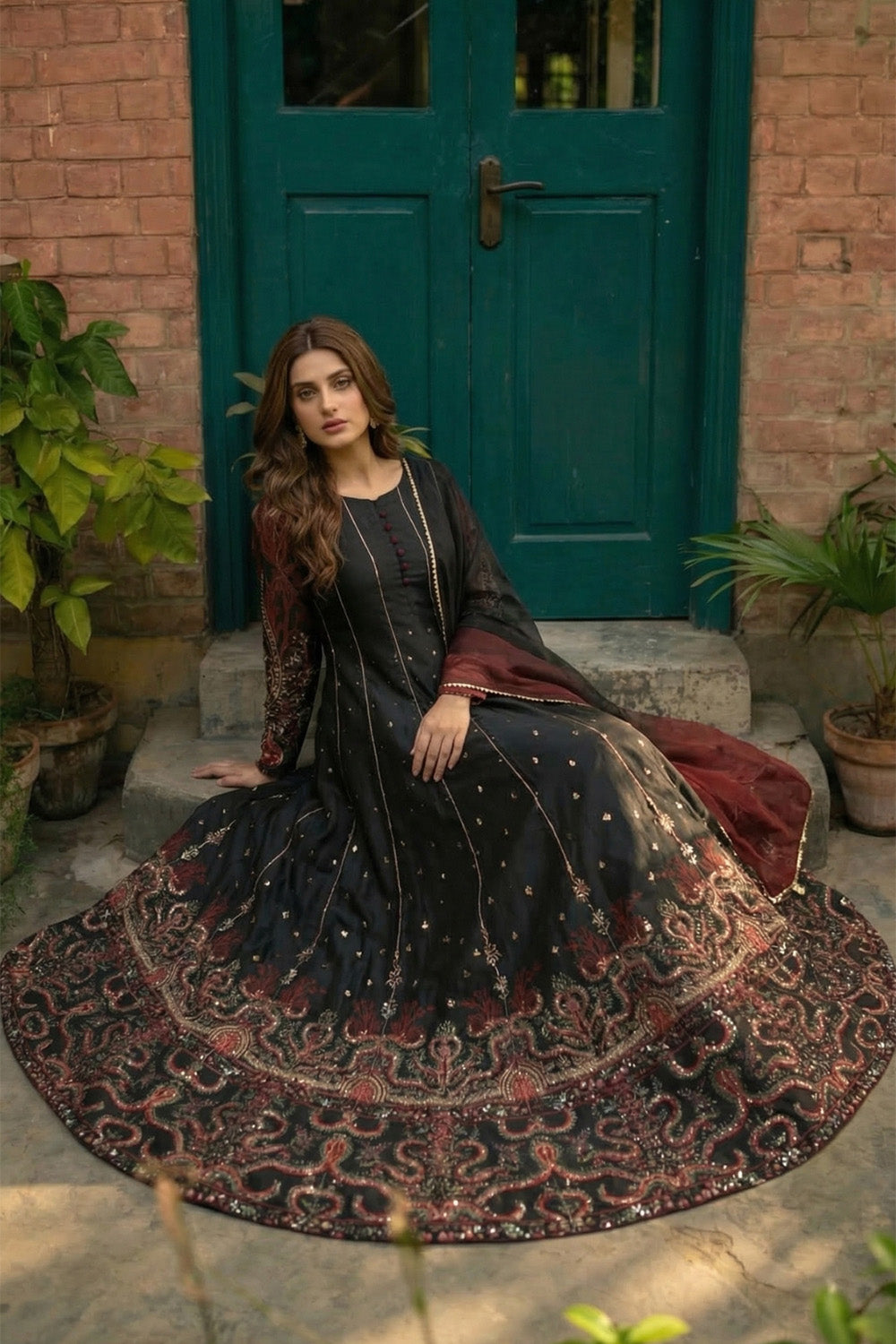 2 Piece - Embellished Printed Shamoz Silk Suit LFP1157