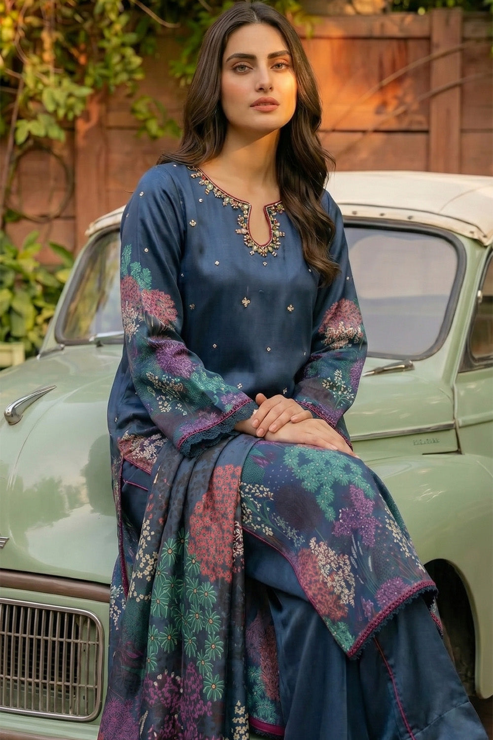 3 Piece - Embellished Printed Shamoz Silk Suit LFP1161