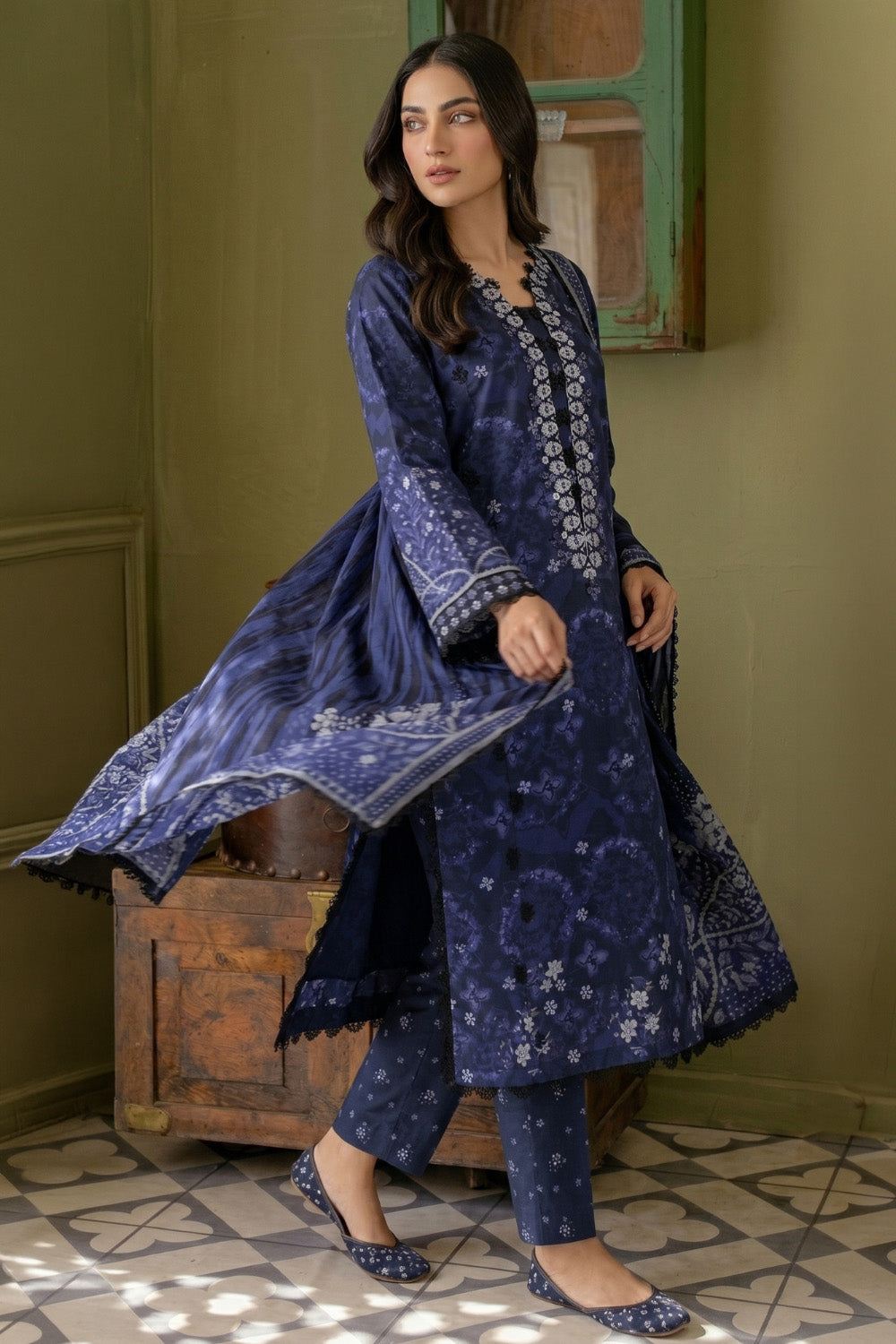 3 Piece - Embroidered Digital Printed Lawn Suit U001232 (Unstitched and Stitched)
