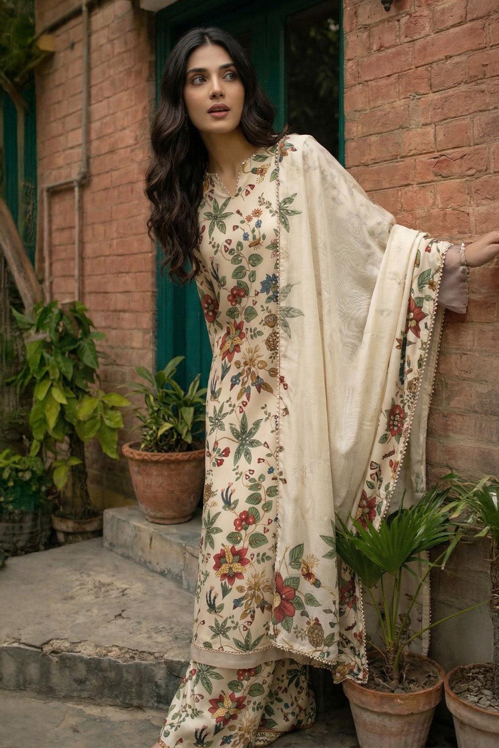 3 Piece - Embellished Printed Shamoz Silk Suit LFP1156