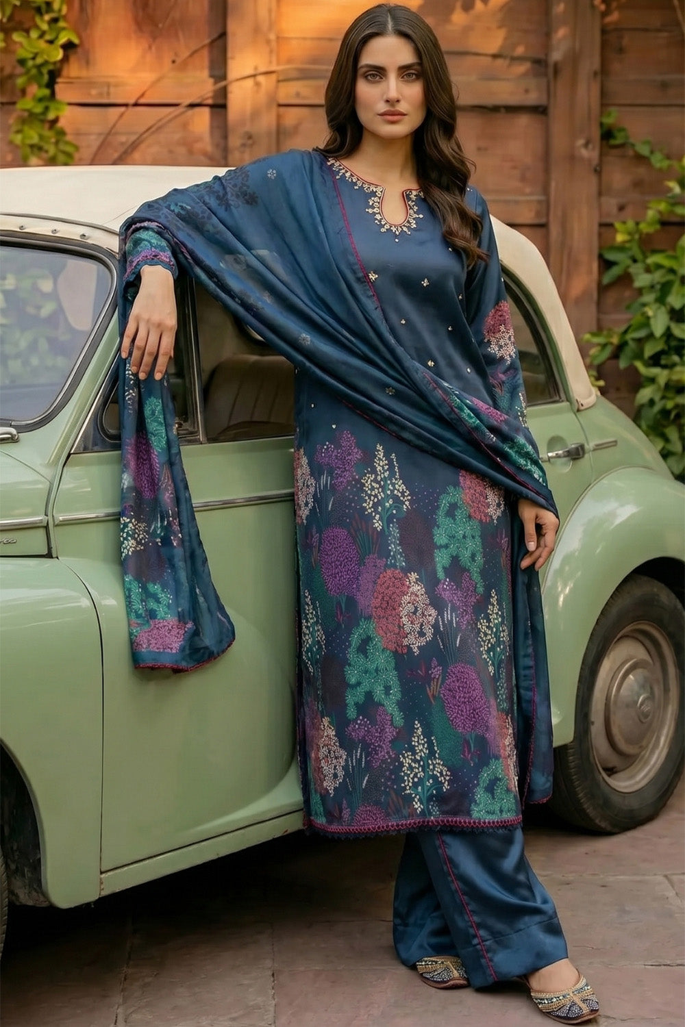 3 Piece - Embellished Printed Shamoz Silk Suit LFP1161