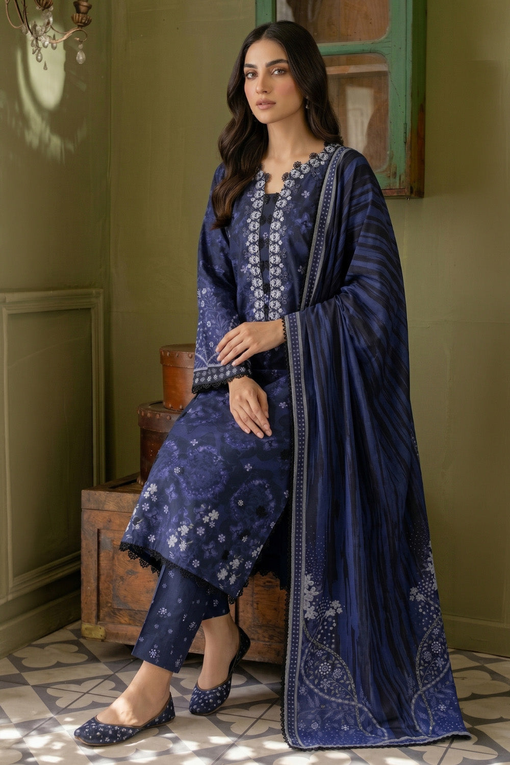3 Piece - Embroidered Digital Printed Lawn Suit U001232 (Unstitched and Stitched)