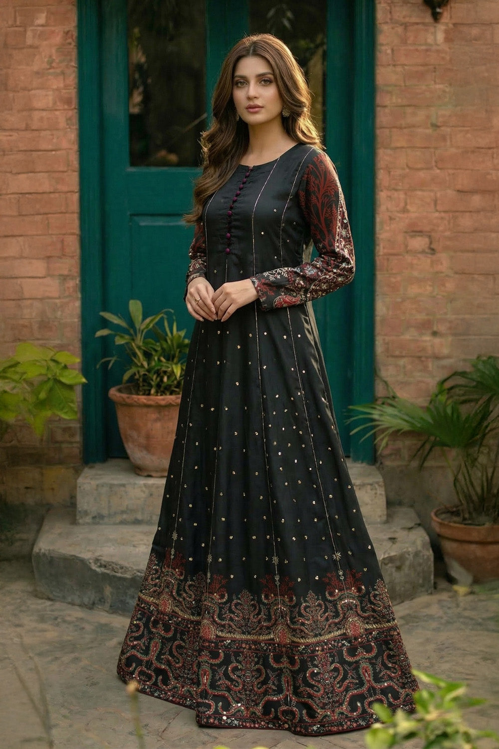2 Piece - Embellished Printed Shamoz Silk Suit LFP1157