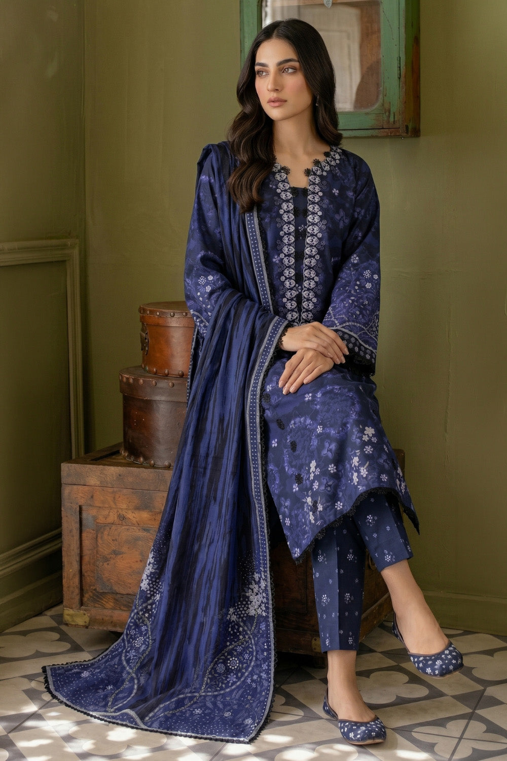 3 Piece - Embroidered Digital Printed Lawn Suit U001232 (Unstitched and Stitched)