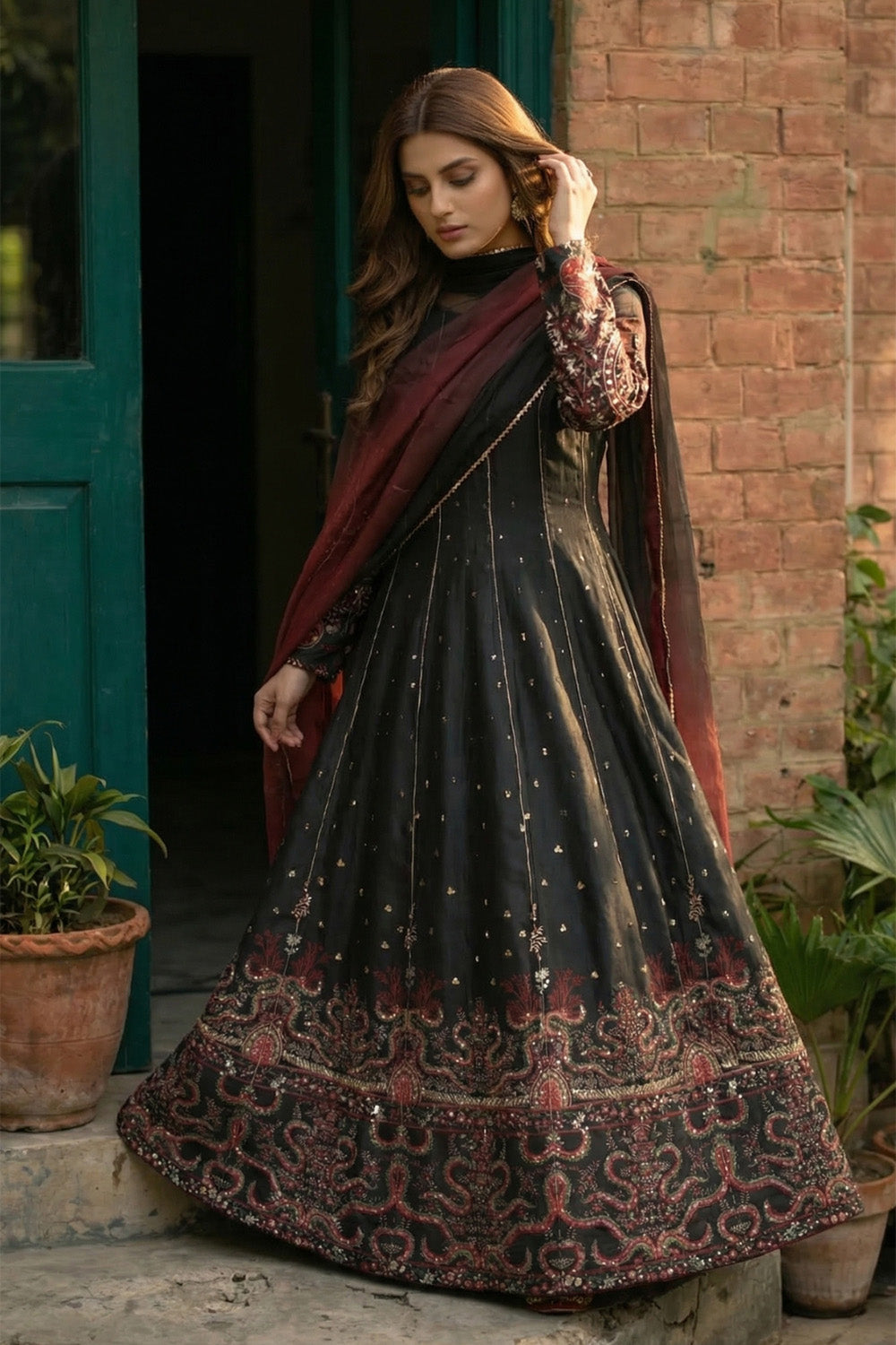 2 Piece - Embellished Printed Shamoz Silk Suit LFP1157