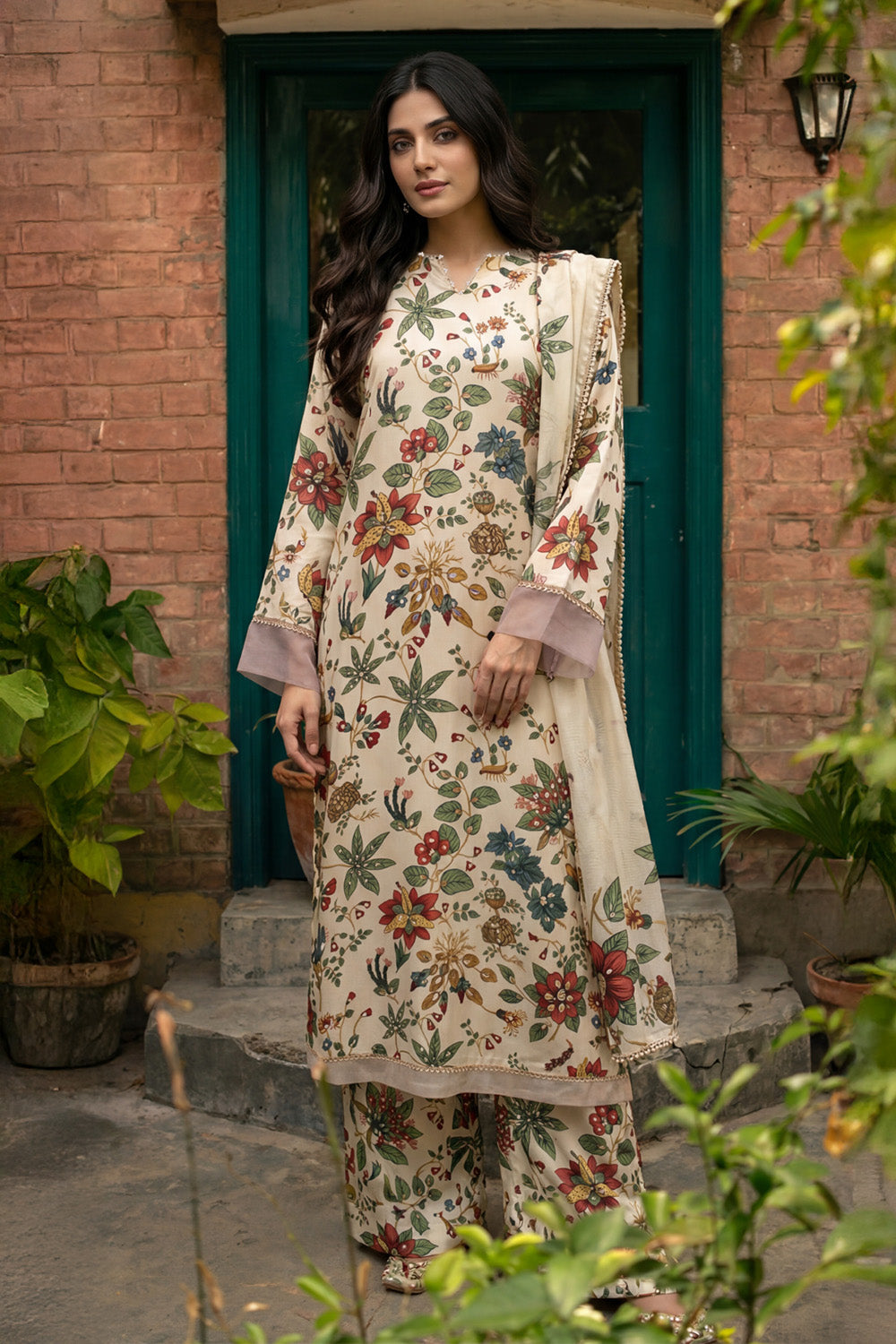 3 Piece - Embellished Printed Shamoz Silk Suit LFP1156