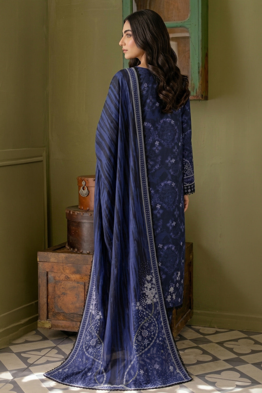 3 Piece - Embroidered Digital Printed Lawn Suit U001232 (Unstitched and Stitched)