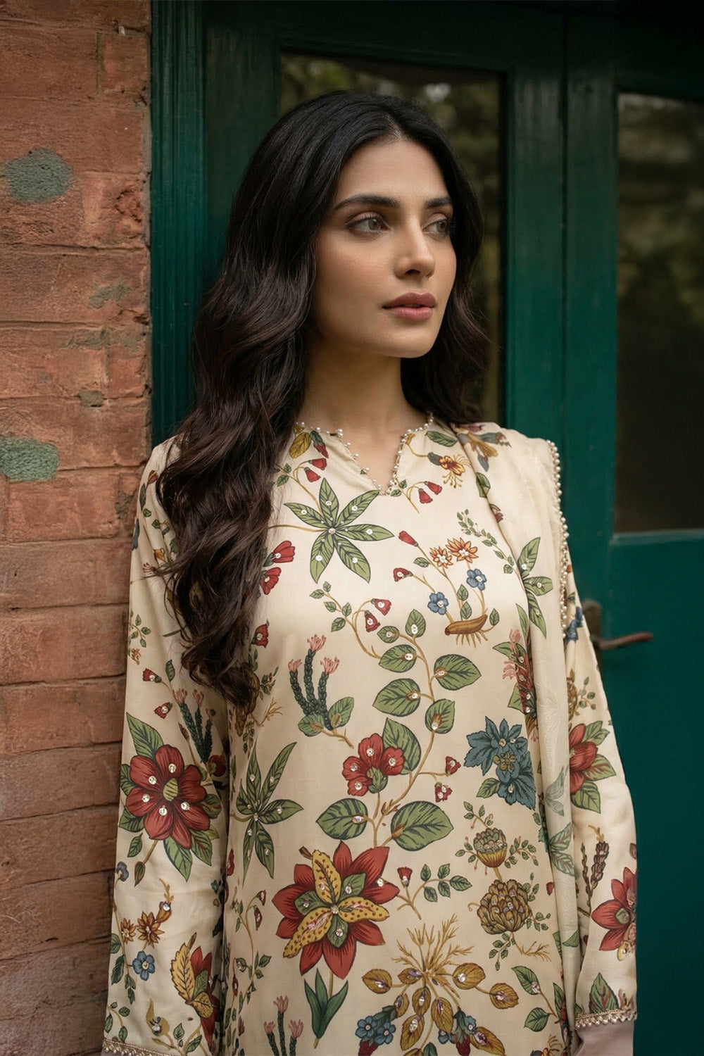 3 Piece - Embellished Printed Shamoz Silk Suit LFP1156
