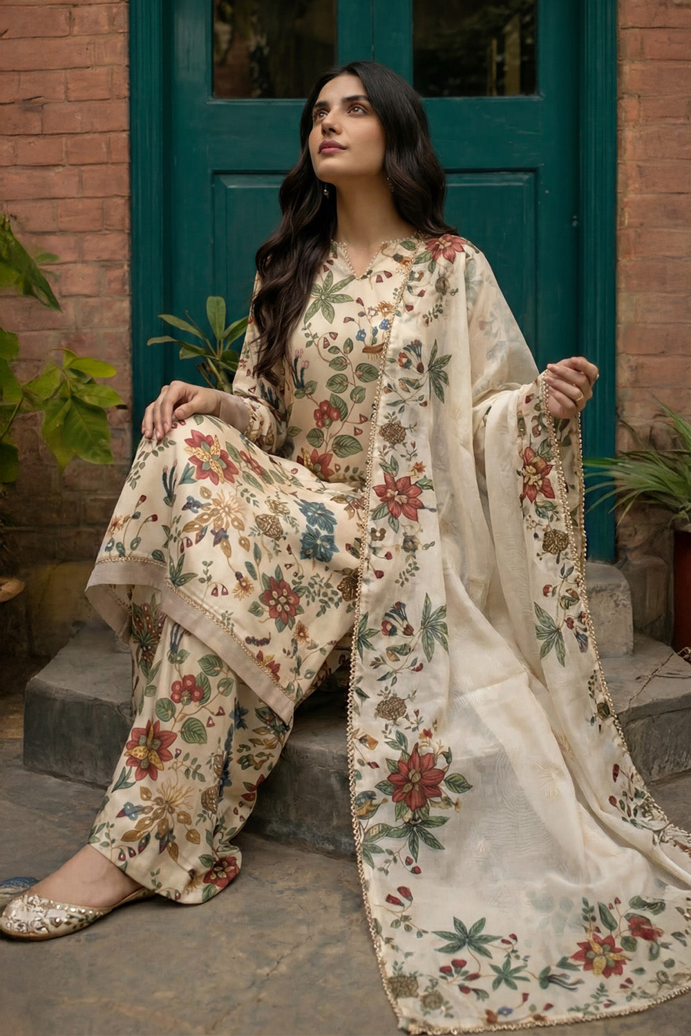 3 Piece - Embellished Printed Shamoz Silk Suit LFP1156