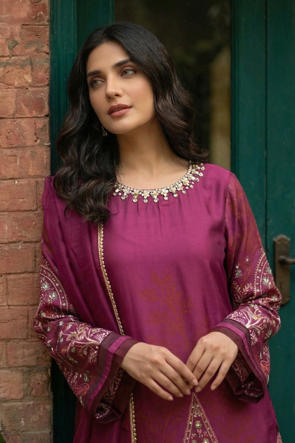 3 Piece - Embellished Printed Shamoz Silk Suit LFP1159