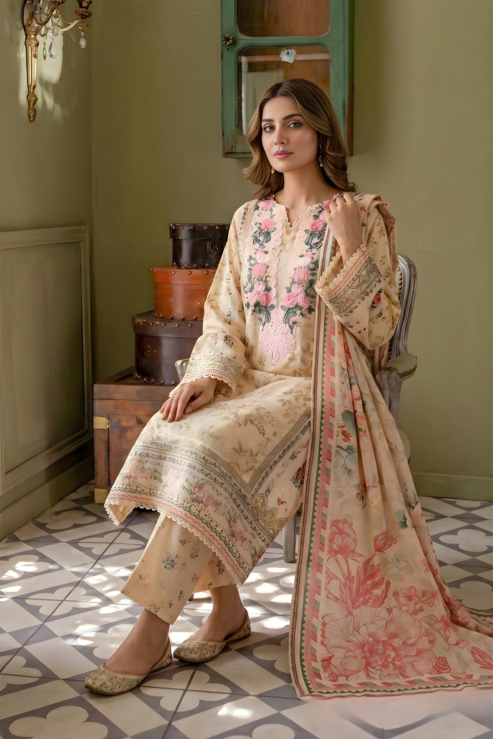 3 Piece - Embroidered Digital Printed Lawn Suit U001233 (Unstitched and Stitched)