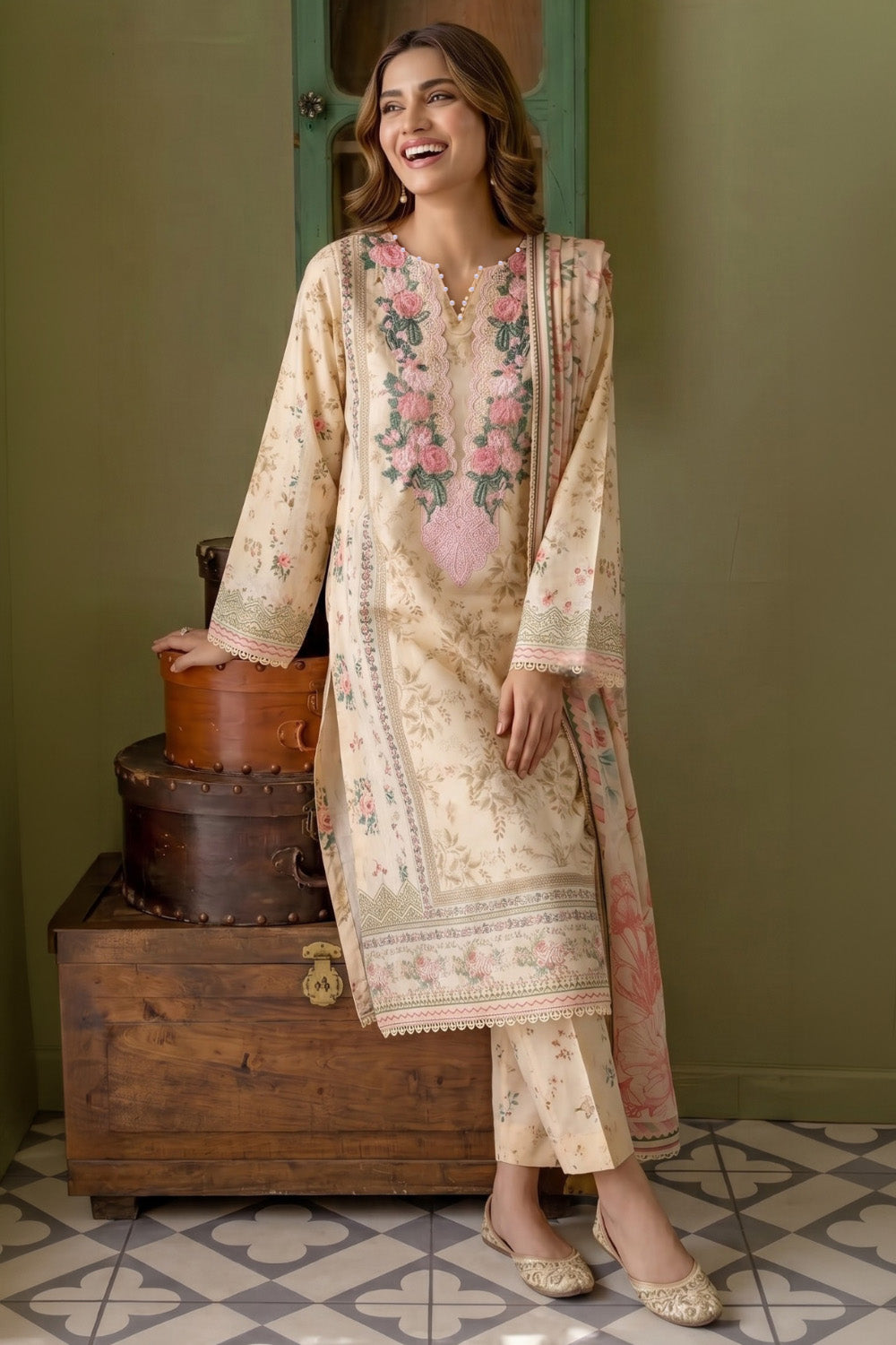 3 Piece - Embroidered Digital Printed Lawn Suit U001233 (Unstitched and Stitched)