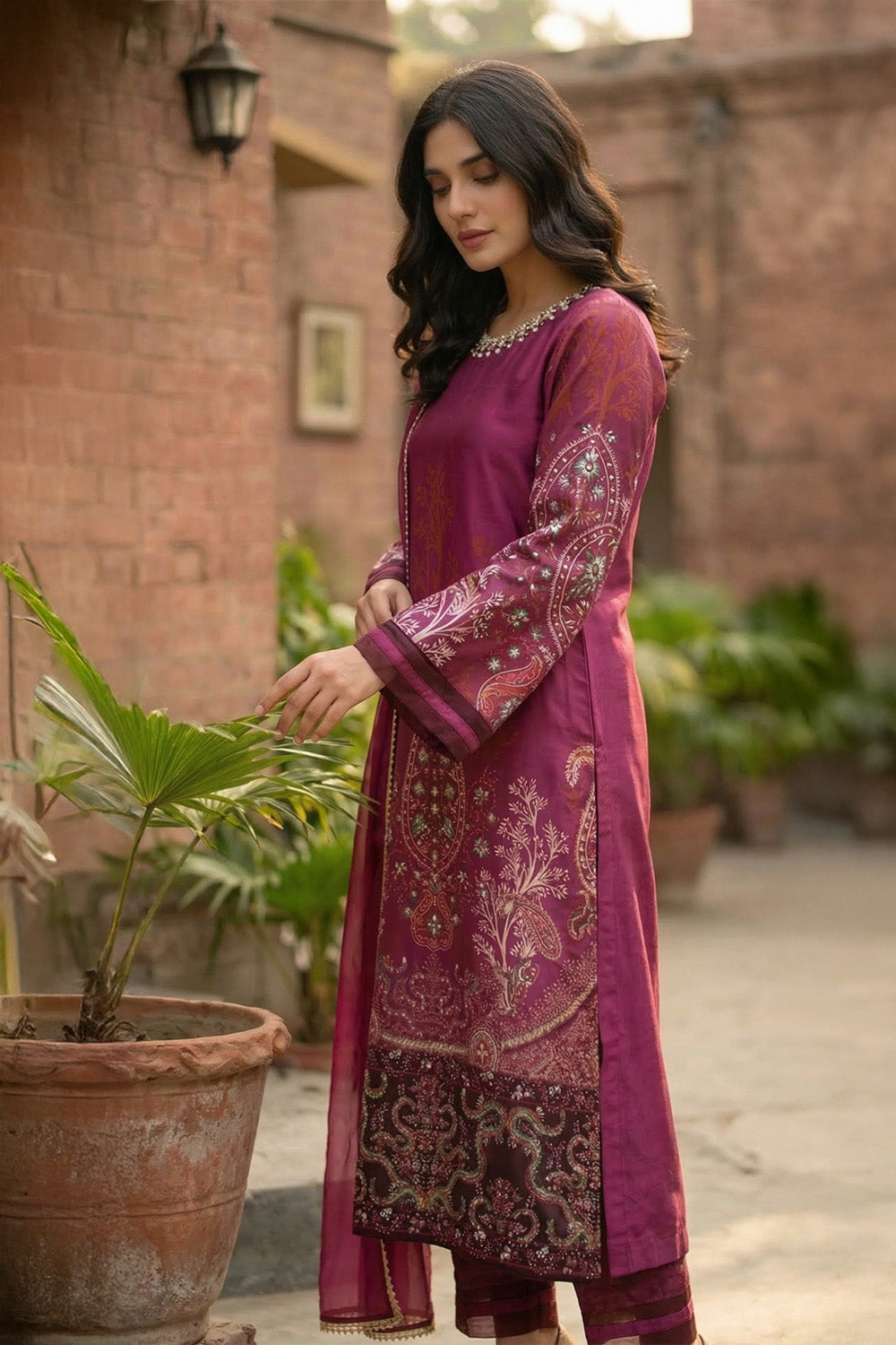 3 Piece - Embellished Printed Shamoz Silk Suit LFP1159