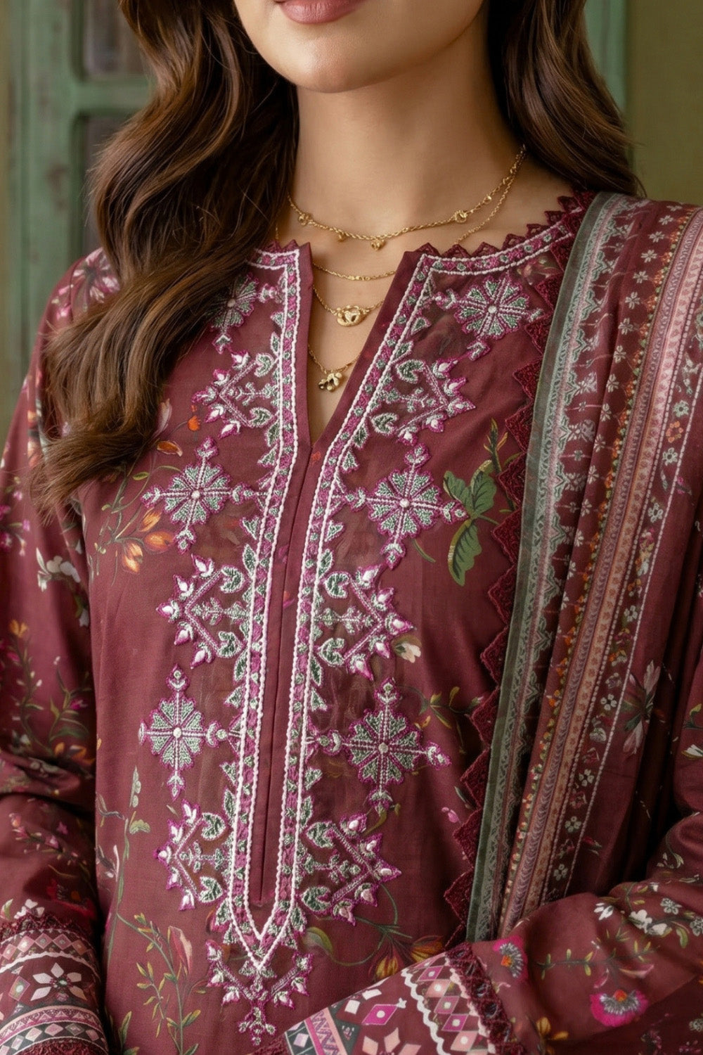 3 Piece - Embroidered Digital Printed Lawn Suit U001231 (Unstitched and Stitched)
