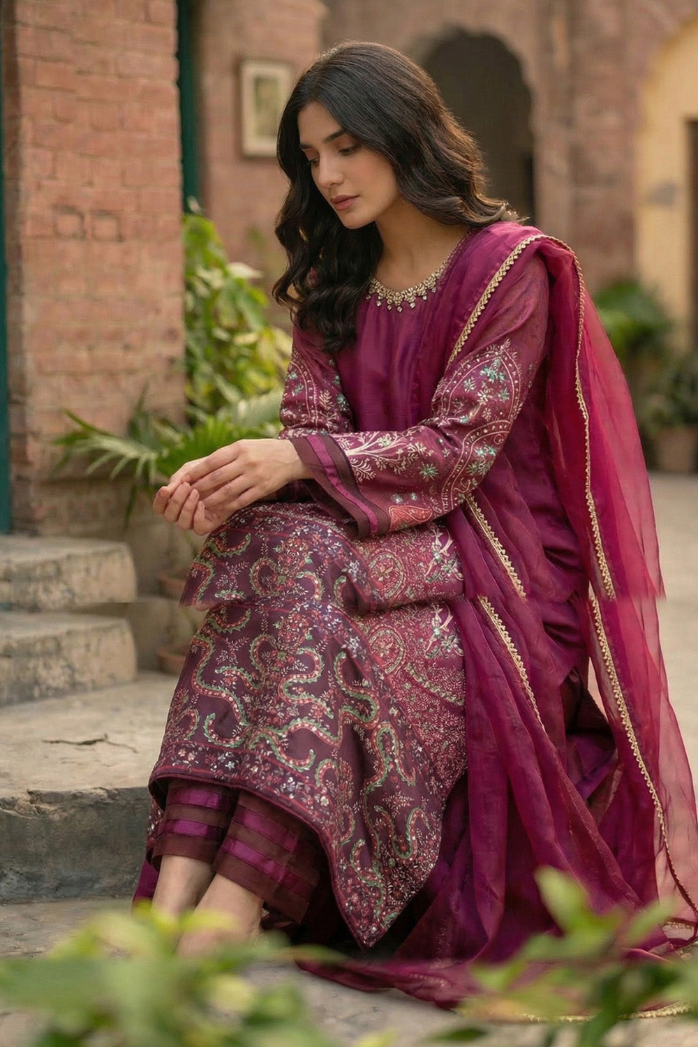 3 Piece - Embellished Printed Shamoz Silk Suit LFP1159