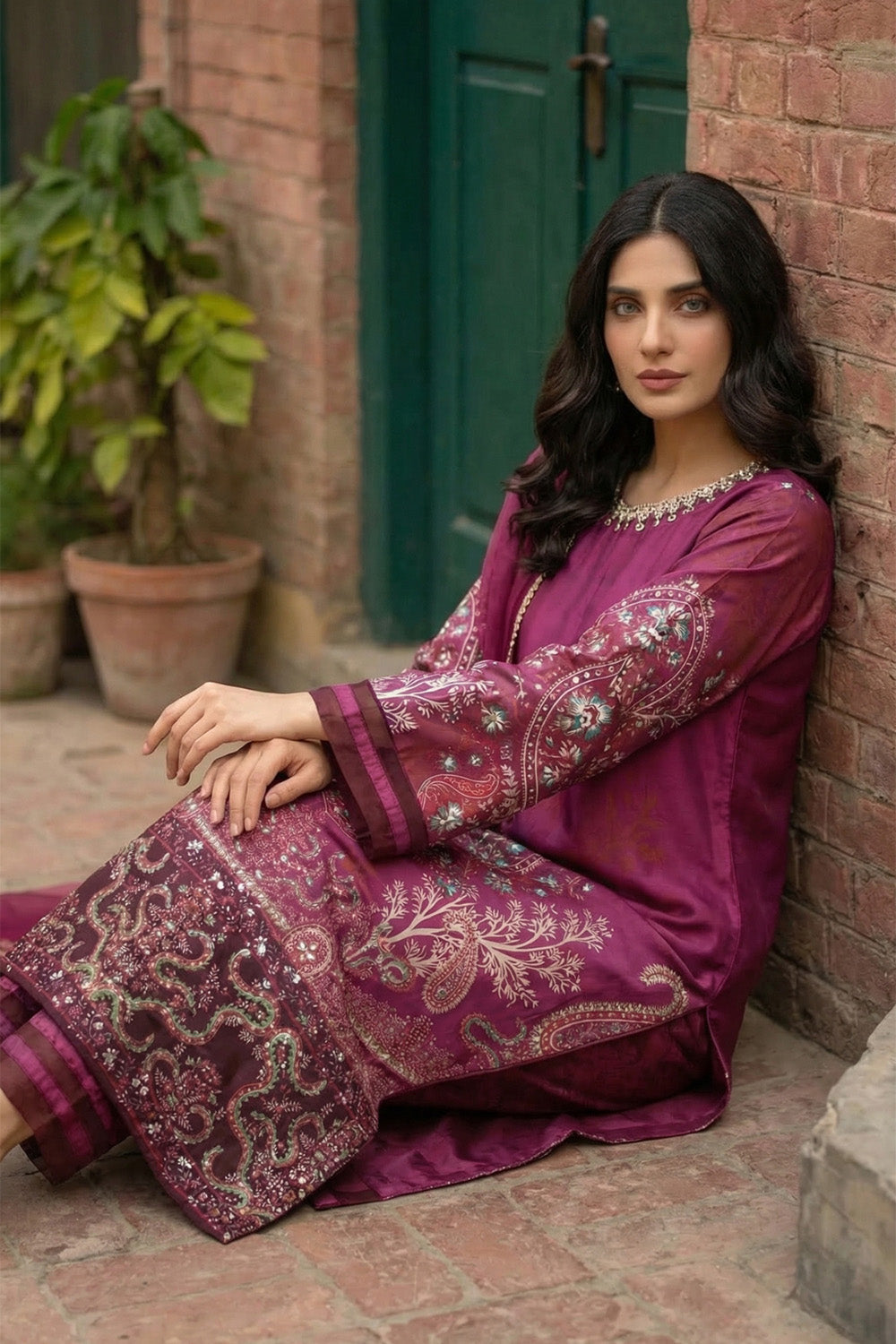 3 Piece - Embellished Printed Shamoz Silk Suit LFP1159