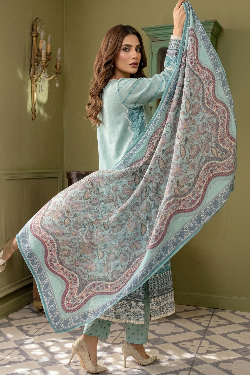 3 Piece - Embroidered Digital Printed Lawn Suit U001234 (Unstitched and Stitched)