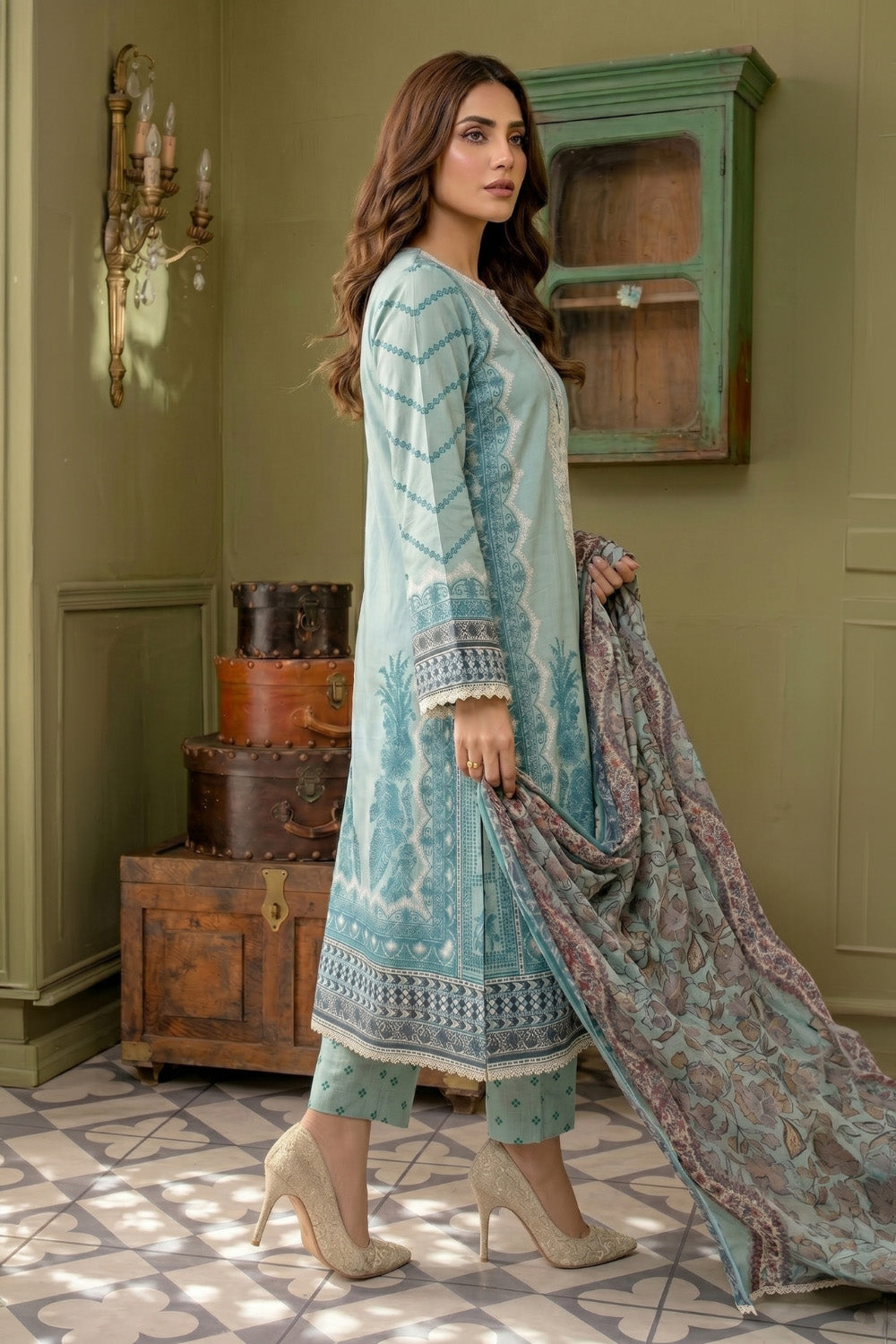 3 Piece - Embroidered Digital Printed Lawn Suit U001234 (Unstitched and Stitched)