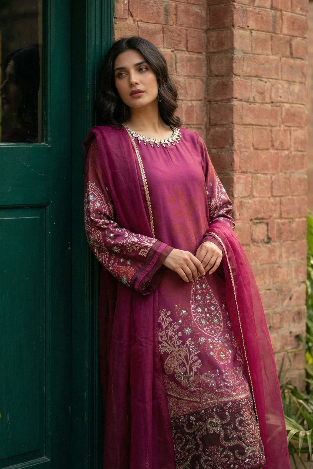 3 Piece - Embellished Printed Shamoz Silk Suit LFP1159
