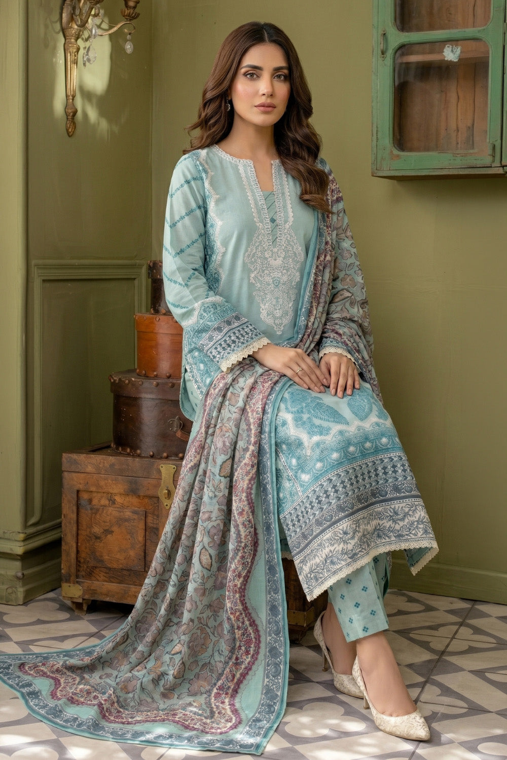 3 Piece - Embroidered Digital Printed Lawn Suit U001234 (Unstitched and Stitched)