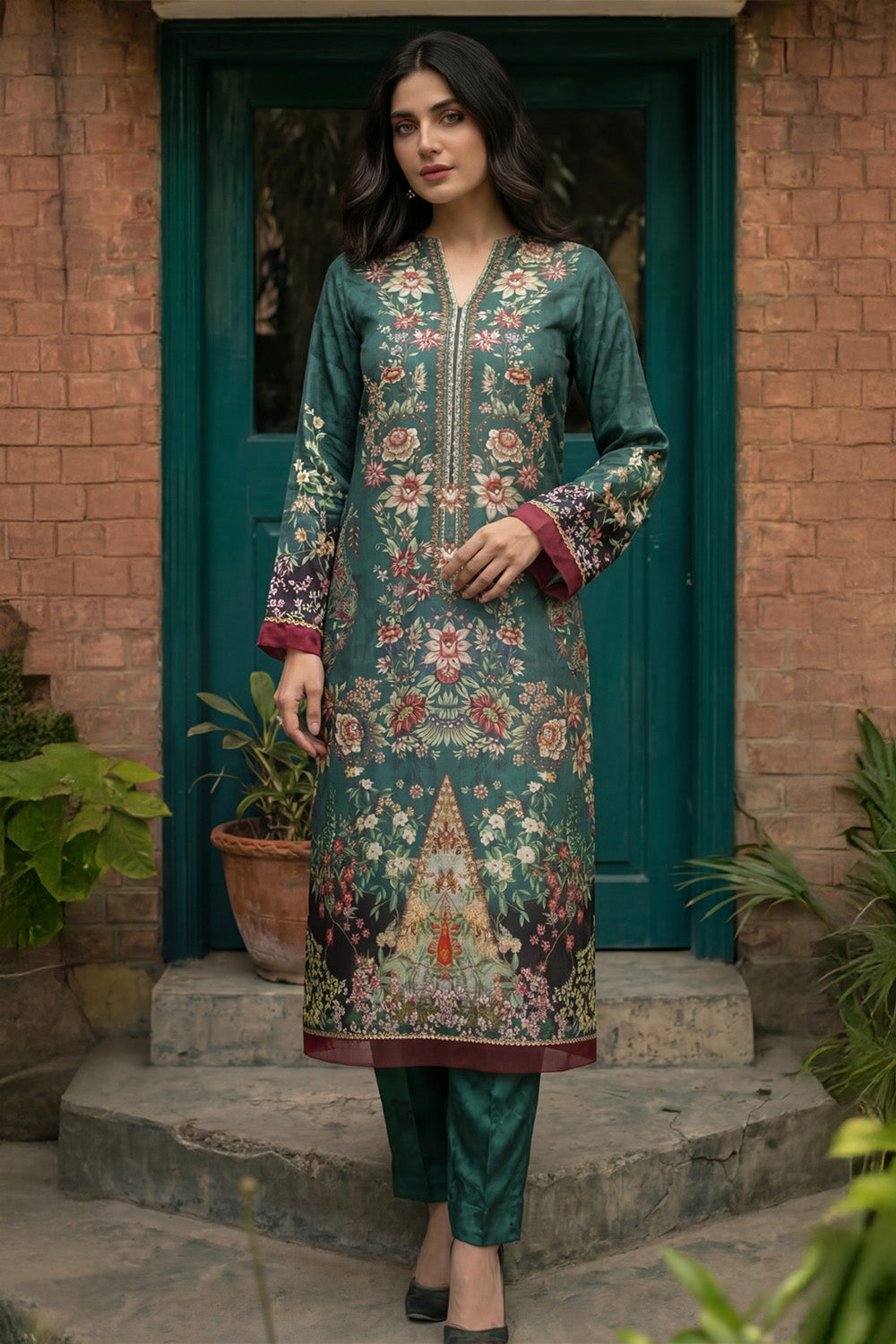 3 Piece - Embellished Printed Shamoz Silk Suit LFP1155