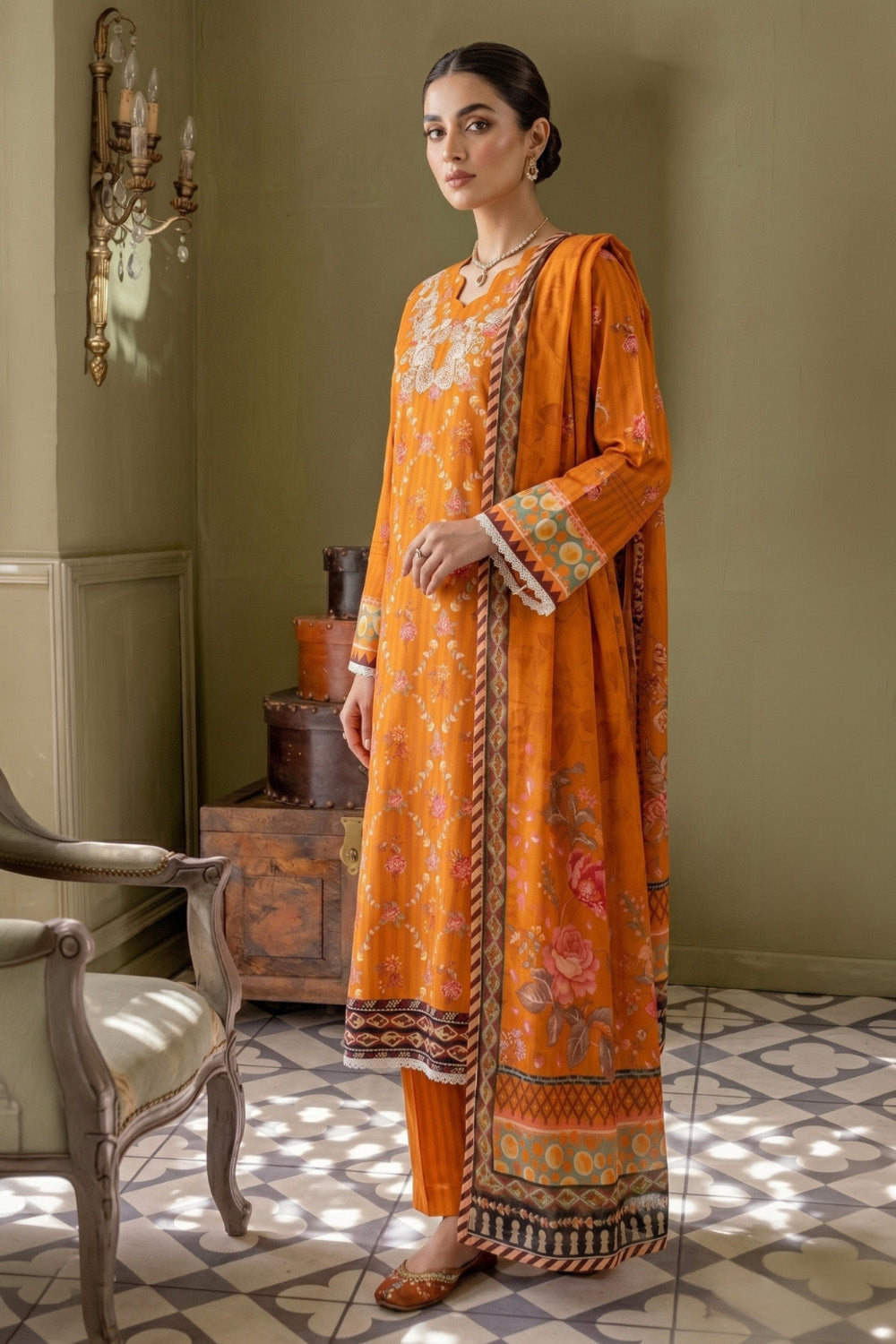 3 Piece - Embroidered Digital Printed Lawn Suit U001235 (Unstitched and Stitched)