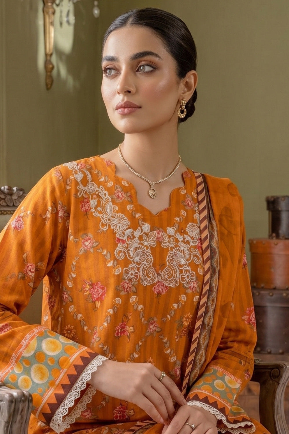 3 Piece - Embroidered Digital Printed Lawn Suit U001235 (Unstitched and Stitched)