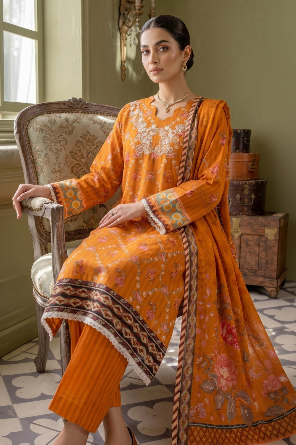 3 Piece - Embroidered Digital Printed Lawn Suit U001235 (Unstitched and Stitched)