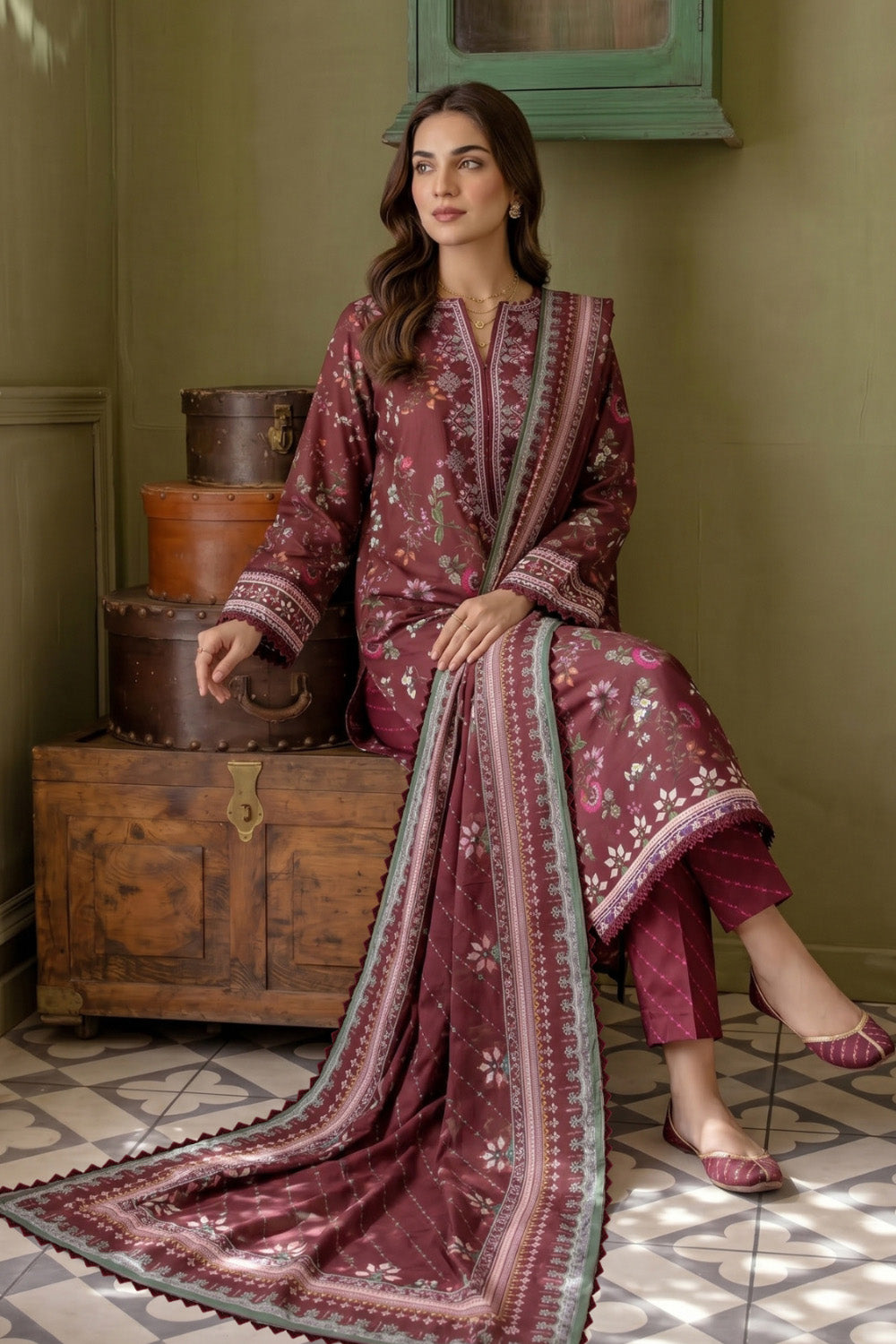 3 Piece - Embroidered Digital Printed Lawn Suit U001231 (Unstitched and Stitched)