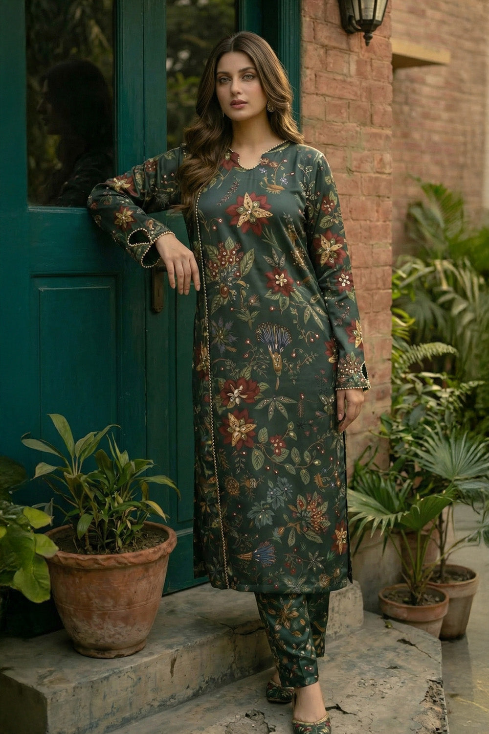 3 Piece - Embellished Printed Shamoz Silk Suit LFP1160