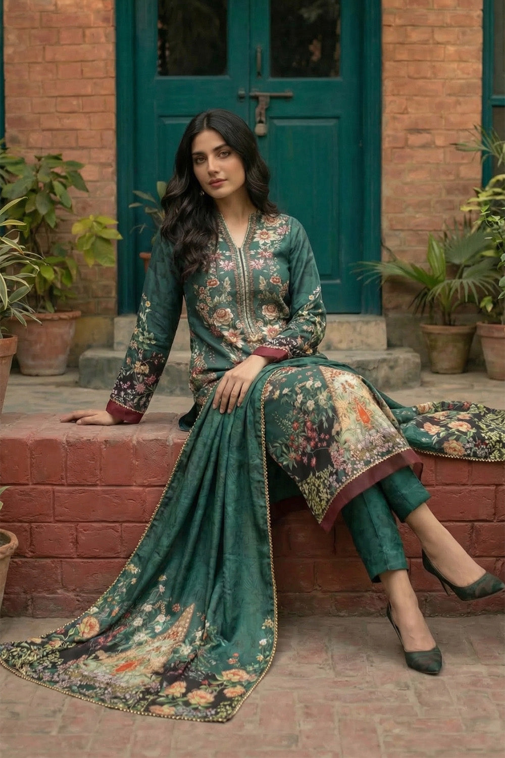 3 Piece - Embellished Printed Shamoz Silk Suit LFP1155