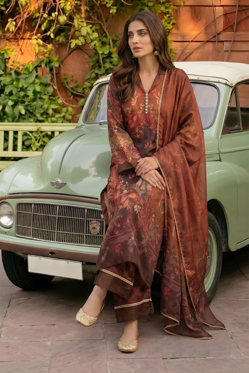 3 Piece - Embellished Printed Shamoz Silk Suit LFP1163