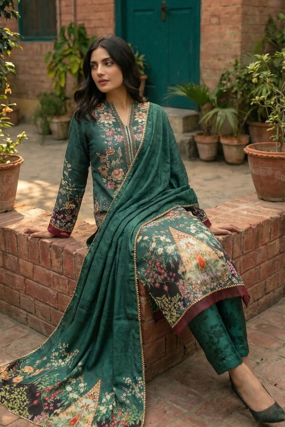 3 Piece - Embellished Printed Shamoz Silk Suit LFP1155