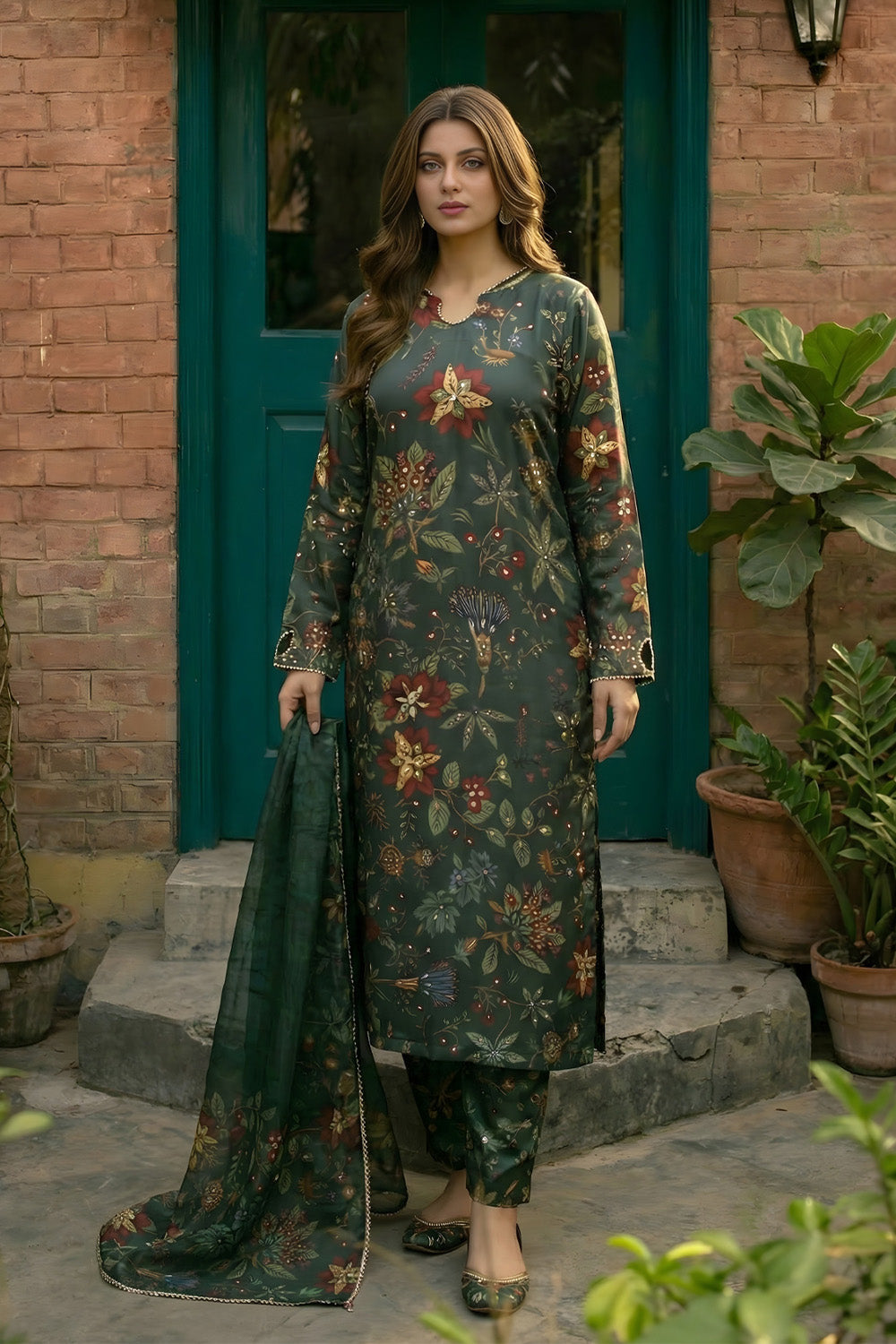 3 Piece - Embellished Printed Shamoz Silk Suit LFP1160