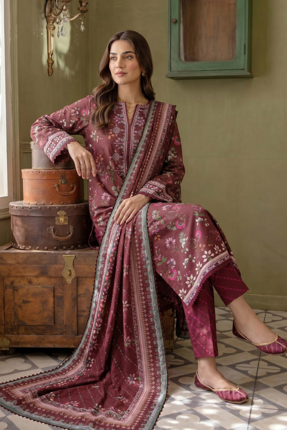 3 Piece - Embroidered Digital Printed Lawn Suit U001231 (Unstitched and Stitched)