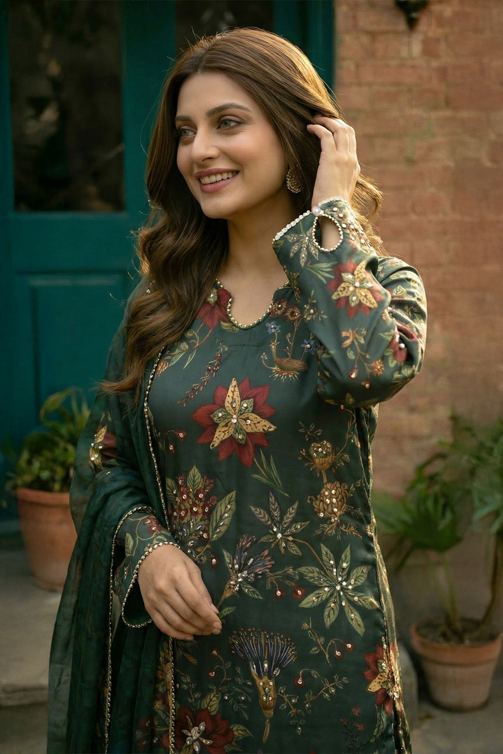 3 Piece - Embellished Printed Shamoz Silk Suit LFP1160
