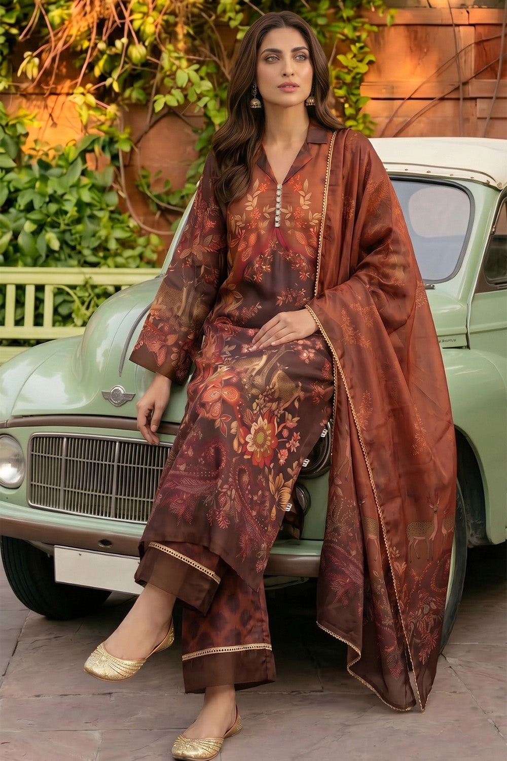 3 Piece - Embellished Printed Shamoz Silk Suit LFP1163