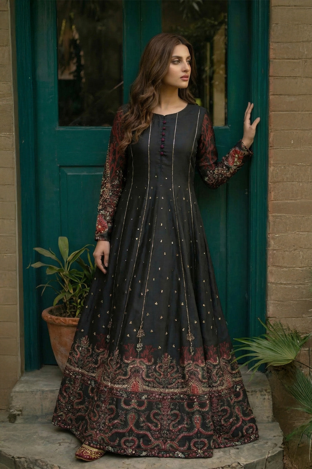 2 Piece - Embellished Printed Shamoz Silk Suit LFP1157