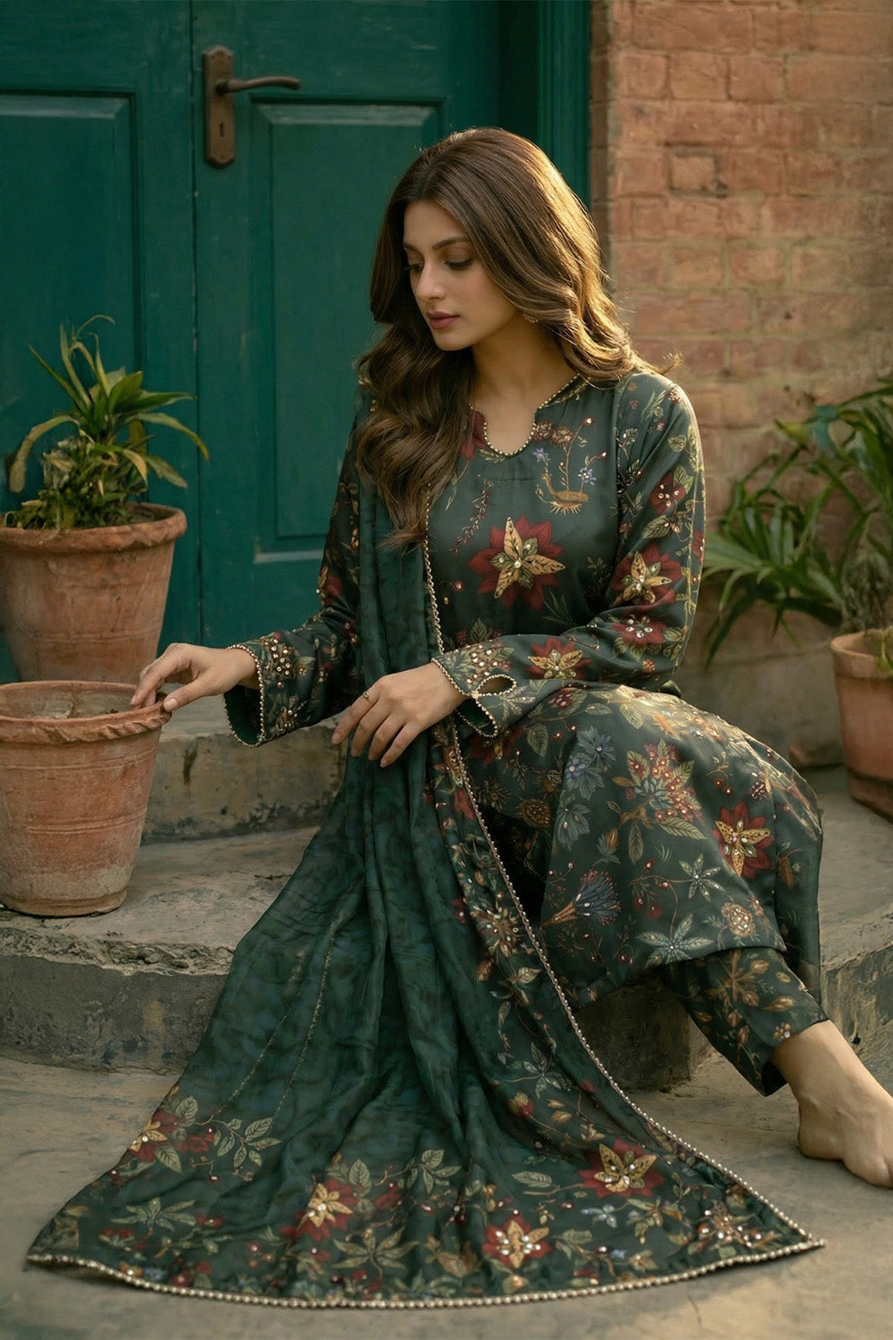 3 Piece - Embellished Printed Shamoz Silk Suit LFP1160