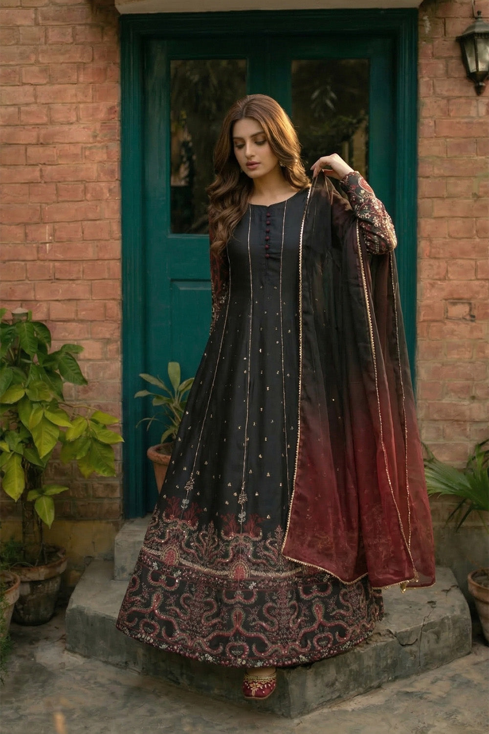 2 Piece - Embellished Printed Shamoz Silk Suit LFP1157