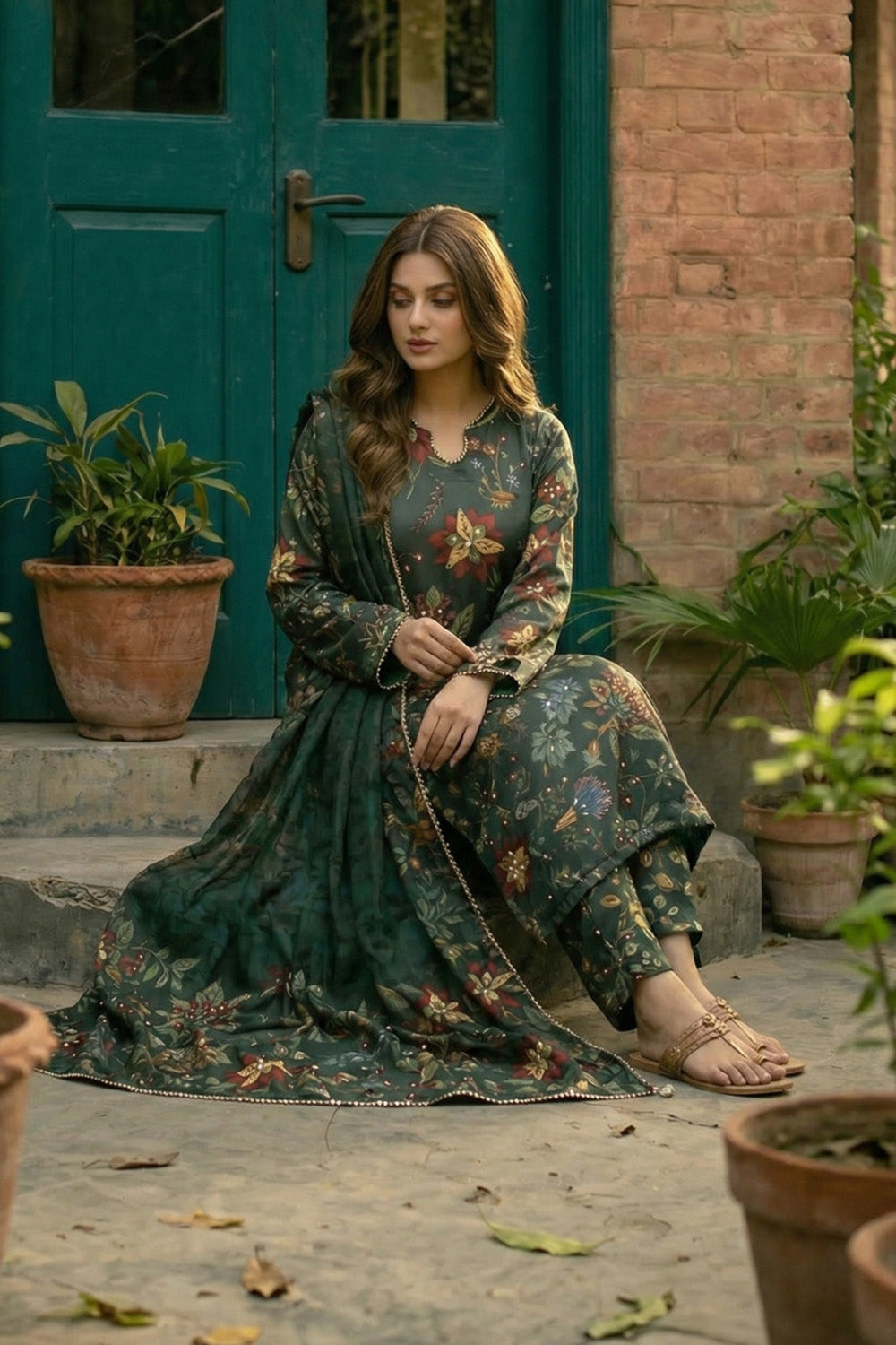3 Piece - Embellished Printed Shamoz Silk Suit LFP1160