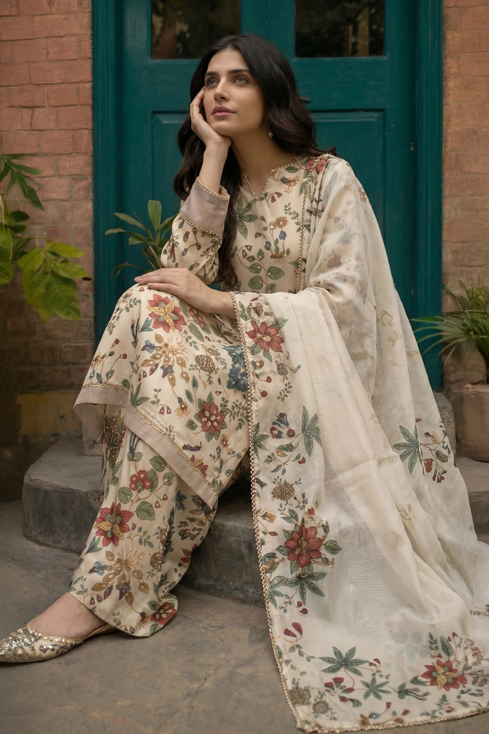 3 Piece - Embellished Printed Shamoz Silk Suit LFP1156