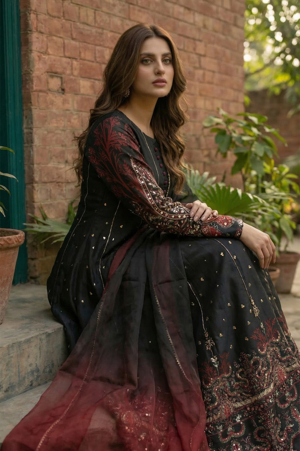 2 Piece - Embellished Printed Shamoz Silk Suit LFP1157