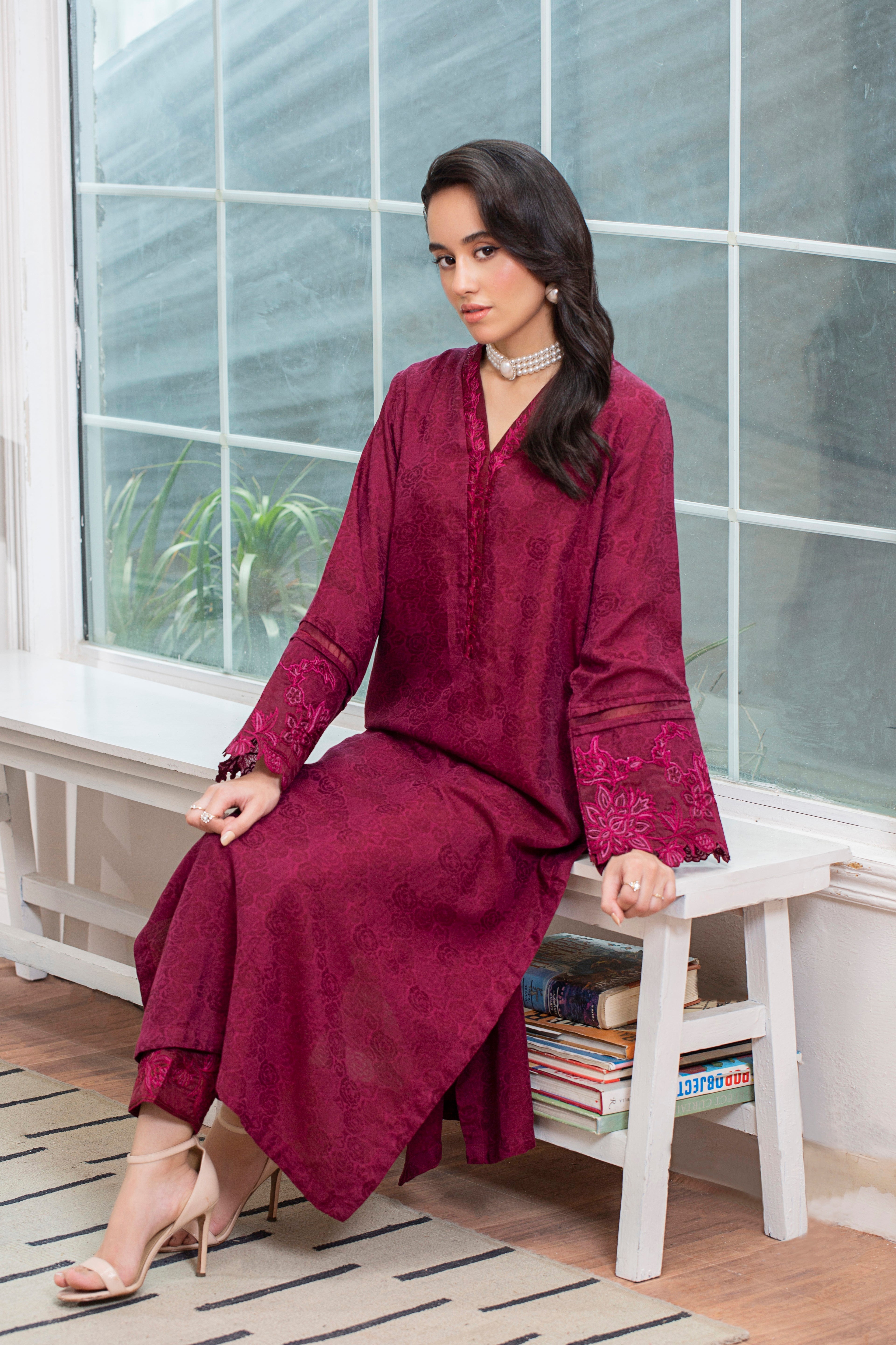 2 Piece - Embroidered Viscose Self Jacquard Suit P001035