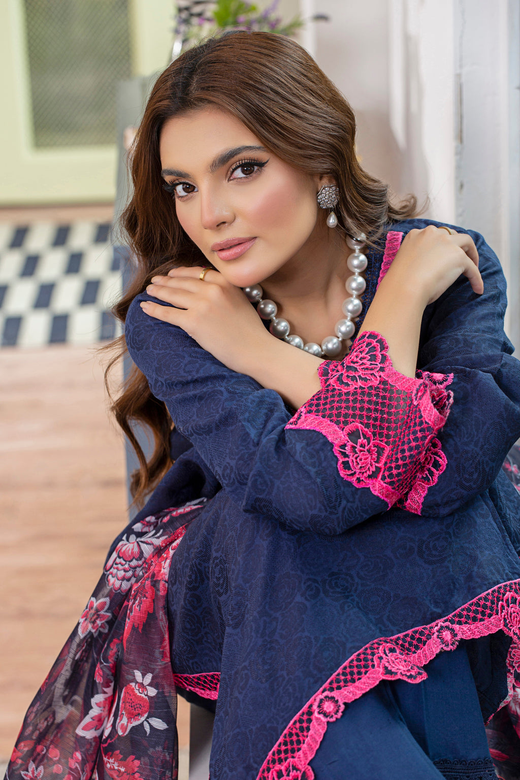 3 Piece - Embroidered Viscose Self Jacquard Suit P001172