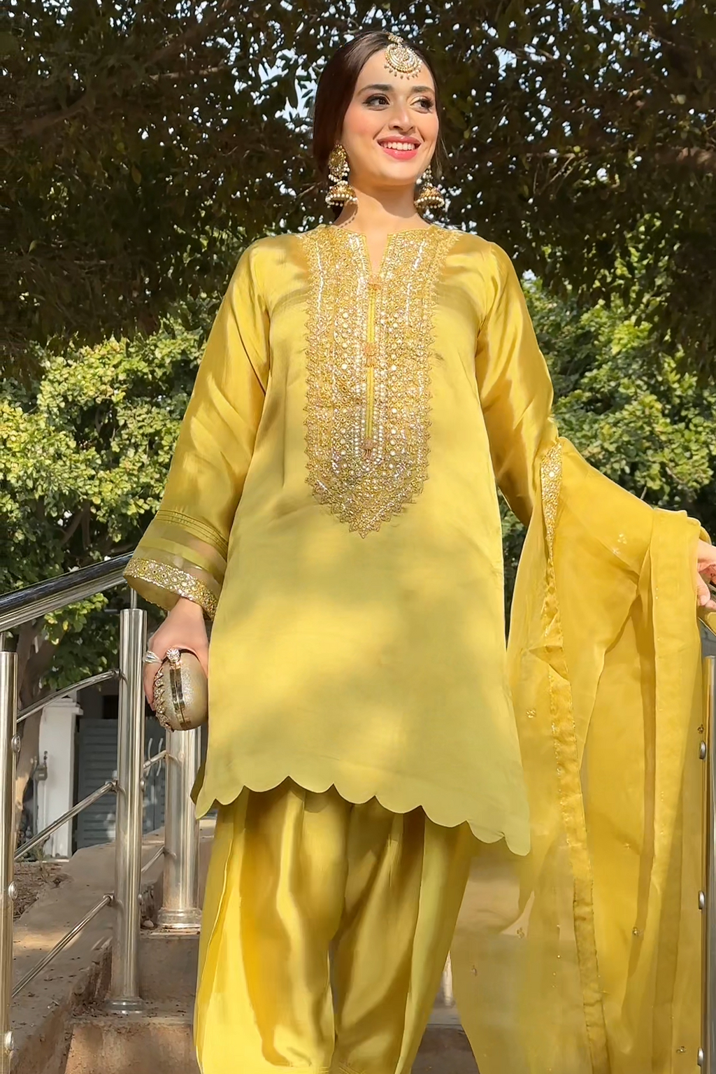 3 Piece - Embroidered Hand Embellished Premium Pure Sheesha Silk Suit LFP1144