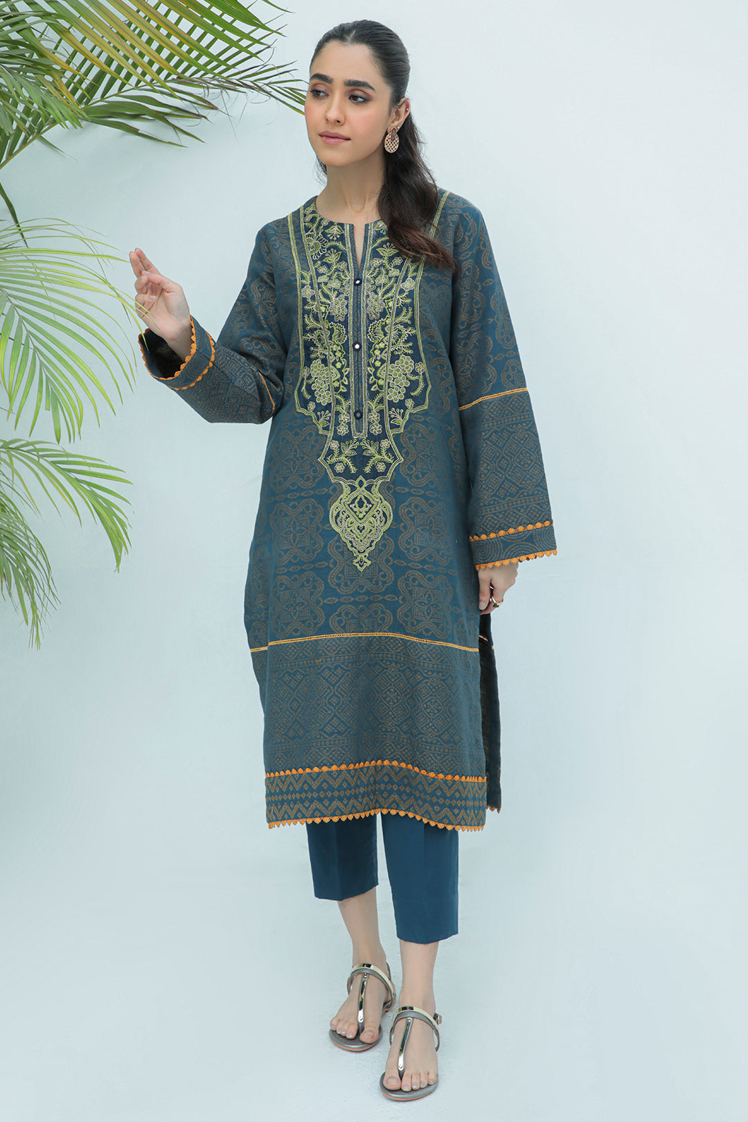 1 Piece - Dyed Embroidered Slub khaddar Jacquard Shirt P0254