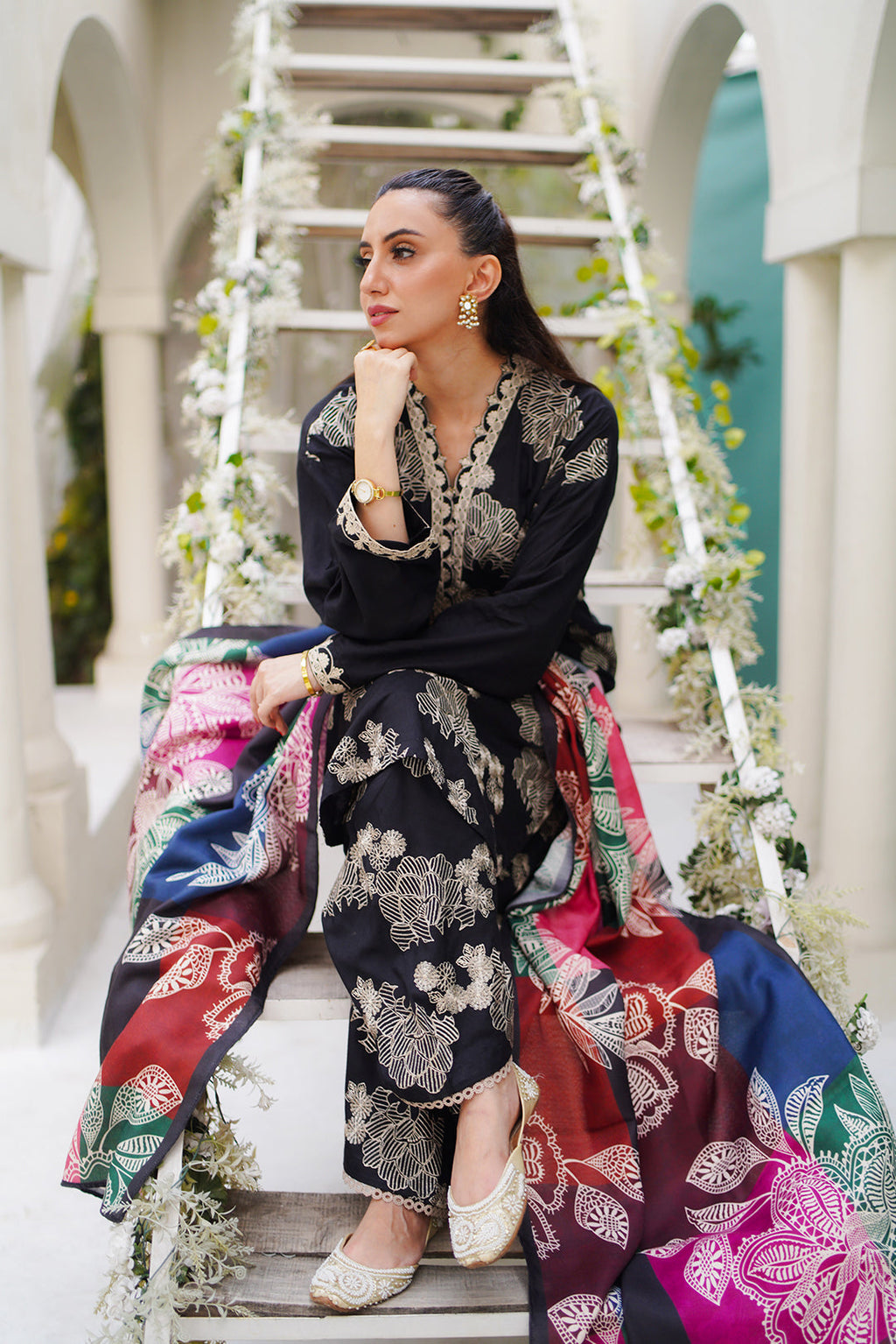 3 Piece - Embroidered Textured Linen Suit PB932