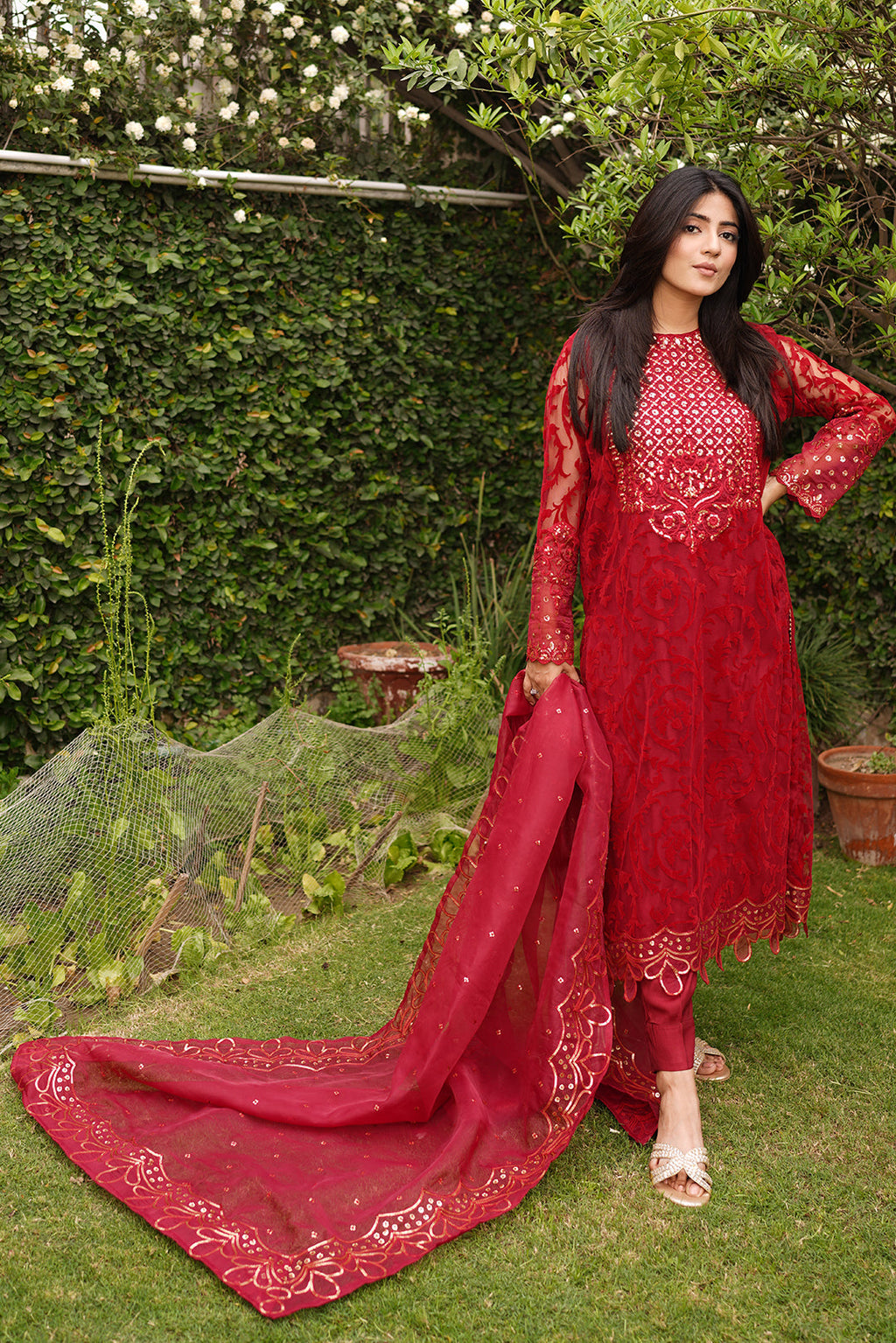 3 Piece - Embroidered Broshia Net Suit L1146